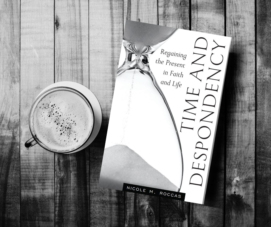 Black and white, flatlay photograph of the book TIme and Despondency beside a cup of cappuccino and rustic, slat wood background.