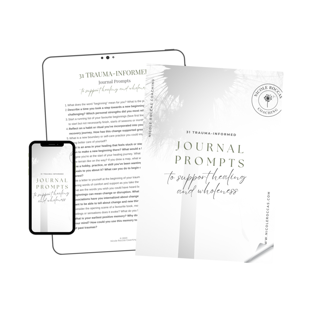 Product image of the cover of my book of journal prompts printed out on an 8.5x11 document, as well as the inner pages as viewed on a tablet and smart phone.